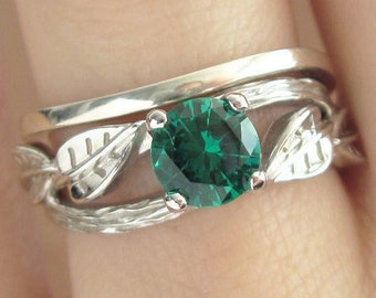 Twig Emerald Engagement Ring Bridal Wedding Ring Set, Bridal Set Leaf Twig Ring, Leaves Emerald Antique Engagement Ring, Vintage Bark Ring