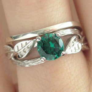 Twig Emerald Engagement Ring Bridal Wedding Ring Set, Bridal Set Leaf Twig Ring, Leaves Emerald Antique Engagement Ring, Vintage Bark Ring image 1