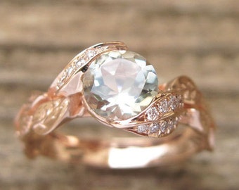 Rose Gold Leaf Engagement Ring, Green Amethyst Vine Ring, Rose Gold Nature Ring, Rose Gold Diamond Ring, Rose Gold Ring, Rose Leaves Ring