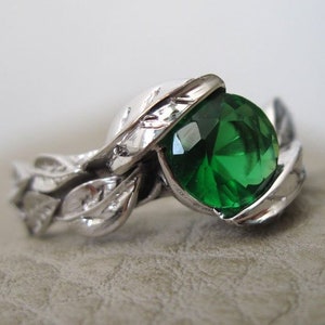 Leaf Engagement Ring, Green Stone Leaf Engagement Ring, Green Stone White Gold Engagement Ring, Gold Leaves Ring, Natural Floral Forest Ring image 1