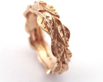 Anillo de bodas de oro rosa de 14 k con hojas y banda floral natural