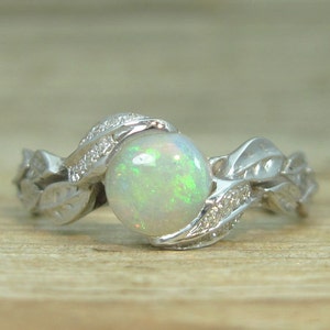 Natural Opal Leaf Engagement Ring, Leaf Opal Ring, White Gold Diamond Leaves Ring With Opal , Natural Leaves Ring, leaf ring, Natural Opal image 1
