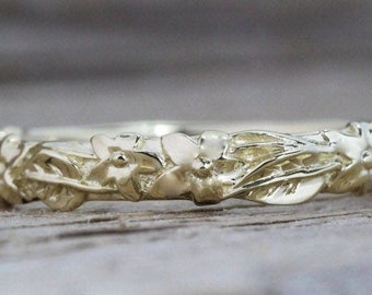 Floral Wedding Band, Leaf Wedding Ring, Leaf Ring, Flower and Leaf Wedding Ring, Bark Wedding Ring, Unique Wedding Ring, Leaves Wedding Ring