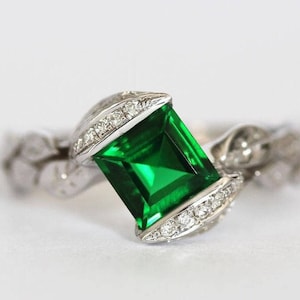 Emerald 18k Leaves Engagement Ring, Princess Cut Emerald Leaf Ring, Emerald And Diamond Leaves Engagement Ring
