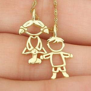 14k Gold Child Pendant Necklace, Choose Boy or Girl, Solid Gold Kid Silhouette Charm, Push Present, New Baby Gift, Mother&#39;s Day Jewelry