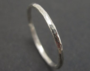 14k White Gold Hammered Wedding Band: Thin Stacking Ring