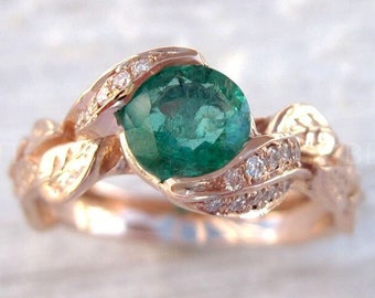 Rose Gold Natural Emerald Leaf Engagement Ring, Leaves Engagement Ring, Emerald Nature Ring, Leaf Ring With Emerald, Unique Floral Ring