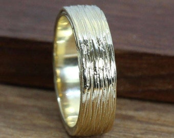 Mens wedding band, wide wedding band, unique wedding band, 6mm wedding ring, bark ring, wood ring, rough band, gold wedding band, 18k band