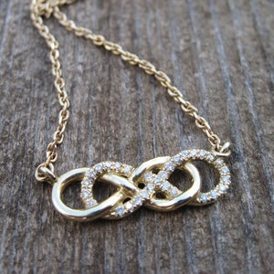 Diamond infinity knot necklace, double infinity knot diamond necklace, infinity diamond necklace, gold infinity pendant, diamond love knot