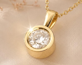 1 Carat Lab Grown Diamond Necklace, Bezel Set Diamond Pendant, 9K 14K 18K Solid Gold, Solitaire Diamond Necklace