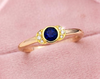 18k Gold Art Deco Sapphire Ring, Round Blue Sapphire Engagement Ring, Minimalist Gold September Birthstone Ring