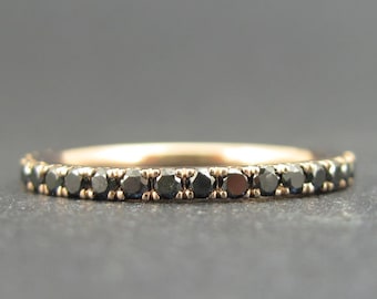 14k Rose Gold Black Diamond Eternity Ring: Stackable Wedding Band