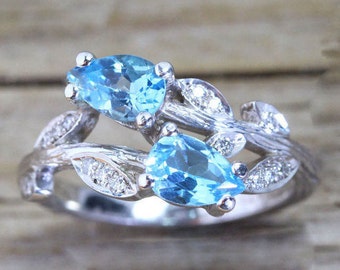 Unique Bark Engagement Ring, Pear Cut Blue Topaz Leaves Engagement Ring, Filigree Ring, Statement Diamond Leaf Promise Ring, Art Nouveau