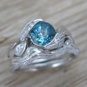 Blue topaz Leaf Wedding Set, Leaves Engagement Ring Set, 18k Leaves Wedding Set London Blue Topaz Engagement Ring Floral Vine Antique Rings