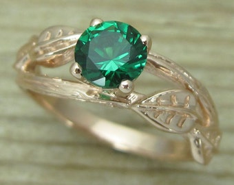 Rose gold Emerald Ring, Twig Wood Leaves Emerald Engagement Ring, Twig Ring, Nature Inspired Floral Vintage Bark Ring, Leaf ring