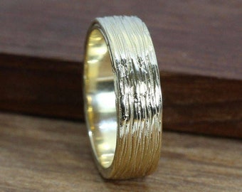 Wood Texture Men&#39;s Wedding Band, 6mm Wide Bark Wedding Ring For Man And Women, Bold 14k Gold Mens Wedding Band, Unisex Forest Viking Ring