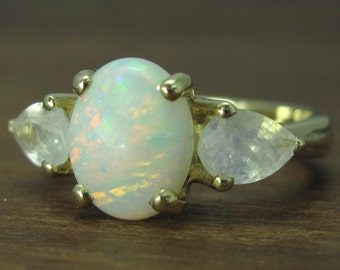 Opal and Moonstone 18k Gold Engagement Ring: Vintage Art Deco Style