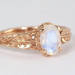 Leaf Moonstone Ring In Rose Gold, Leaves Ring With Rainbow Moonstone, Antique Leaf Moonstone Ring Twisted Rope Leaf Nature Inspired Ring
