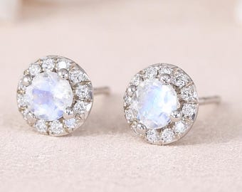 Orecchini a bottone in oro 14k con diamanti e pietra di luna