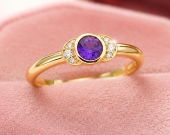 Amethyst Gemstone Anniversary Ring, Minimalist Round Amethyst Vintage Style Ring, February Birthstone Gift For Her