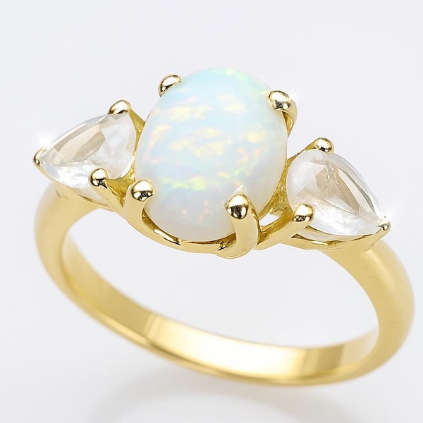 Oval Opal Engagement Ring: Moonstone Accent, 14k Gold Art Deco Style