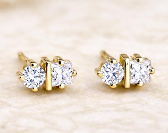 Moissanite Two Stone Stud Earrings: 14k Solid Gold Minimalist Design