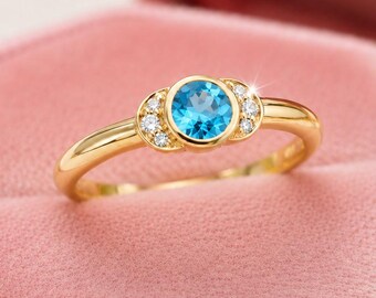 Blue Topaz Anniversary Ring, December Birthstone Gift, Round Swiss Blue Topaz Engagement Ring, Minimalist Gold Promise Ring