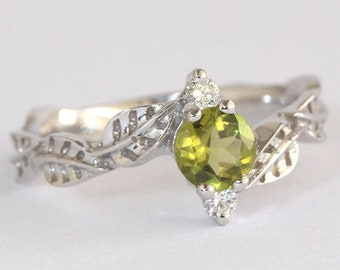 Peridot Ring, Leaves Engagement Ring, Peridot Leaf Ring, Nature Inspired Ring, Peridot Floral Ring, Boho Ring, Green Gemstone Ring Gift For