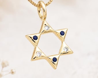 Magen David Pendant: 14k Yellow Gold Handmade Diamond & Sapphire Star of David Necklace