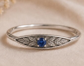 Nature Inspired Sapphire Ring, Leaf Engagement Promise, Botanical September Birthstone, Woodland Jewelry, Custom Gemstone