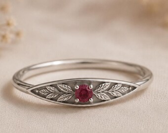 July Birth Stone Ring, Nature Inspired Ruby Ring, Leaf Engagement Promise, Woodland Jewelry
