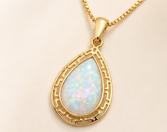 14k Gold Pear Opal Necklace: Greek Pattern Solitaire Pendant