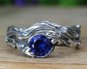 Nature Inspire Sapphire Rings Silver Set , Bohemian Twig Rings, Gemstone Ring, Sterling Silver Ring, Wedding Ring Set, Bridal Leaves Ring