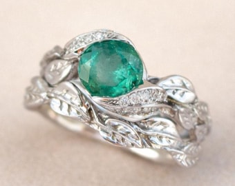 Emerald Leaf Engagement Ring Set: Diamond White Gold Vine Bridal Set