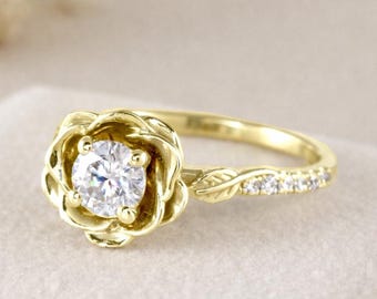 Diamond Rose Engagement Ring: 1/2 Carat Lab Grown Diamond, Floral Solitaire