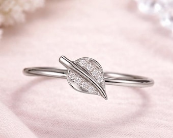 14k White Gold Diamond Leaf Ring Stackable Nature Inspired Wedding Band Delicate Jewelry Gift