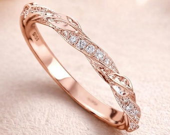 Rose Gold Leaf Diamond Wedding Band: 14k Nature Inspired Ring
