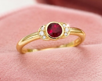 Natural Ruby Ring 14K Yellow Gold, Minimalist Round Ruby Engagement Ring, Promise Ring