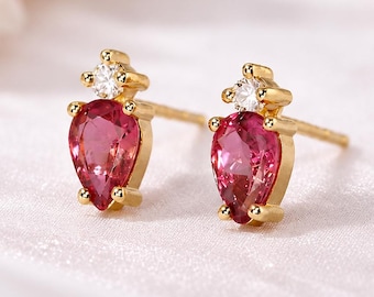 Ready Pink Tourmaline Toi Et Moi Earrings: Pear & Round Lab Diamond, 14k Gold Studs