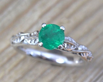 Natural Emerald Nature Engagement Ring, Leaf Emerald Gold Engagement Ring, Nature Inspired Ring, Floral Gemstone  Ring