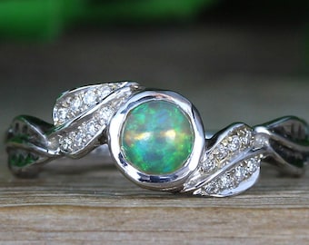 Natural Opal Engagement Ring, Nature Inspired Leaf Ring Antique Vintage Promise Ring, Anniversary Opal Ring, Diamond October Birthstone Gift