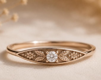 Birthstone Flower Ring, Lab Grown Diamond Ring, Personalized Gold Ring, Floral Nature Ring, Dainty Signet Ring, Gift for Her