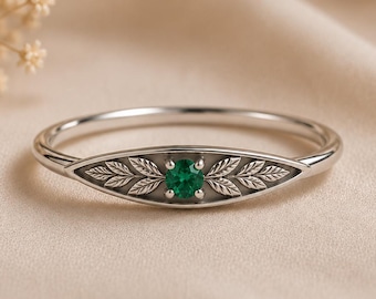 Botanical May Birthstone, Nature Inspired Emerald Ring, Leaf Engagement Promise, , Woodland Jewelry, Custom Gemstone