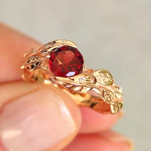 Solid Gold Garnet Leaf Engagement Ring, Garnet Leaves January Birthstone Engagement Ring