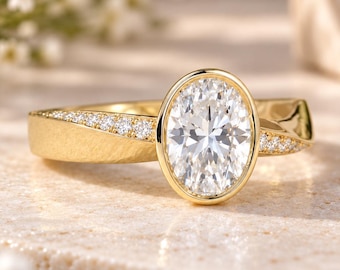 2 Carat Oval Lab Grown Diamond Engagement Ring, Bezel Set Diamond Ring, Mobius Twisted Shank, 9K 14K 18K Gold
