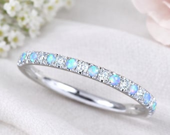 Opal and Diamond 14k Gold Eternity Band - 2mm Wedding Ring