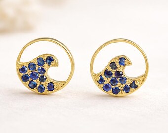14k Gold Sapphire Wave Stud Earrings - Minimalist Ocean Surf Beach Jewelry for Women