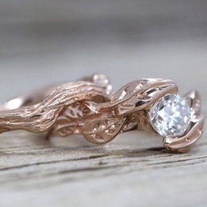 Rose Gold Leaf Bruidsset, Rose Gold Diamond Wedding Set, Diamond Engagement ring, Rose Gold Nature Ring, Leaf Ring, Leaves Engagement Ring afbeelding 2