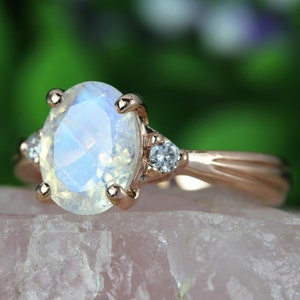 Moonstone Antique Engagement Ring, Three Stone Diamond Vintage Moonstone Ring, Vintage Oval Engagement Ring, Antique Style Promise Ring Gift