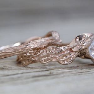 Rose Gold Leaf Bruidsset, Rose Gold Diamond Wedding Set, Diamond Engagement ring, Rose Gold Nature Ring, Leaf Ring, Leaves Engagement Ring afbeelding 4